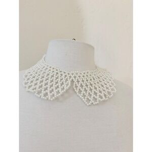 Claire's Faux Pearl Bib Necklace White Woven Peter Pan Collar‎
